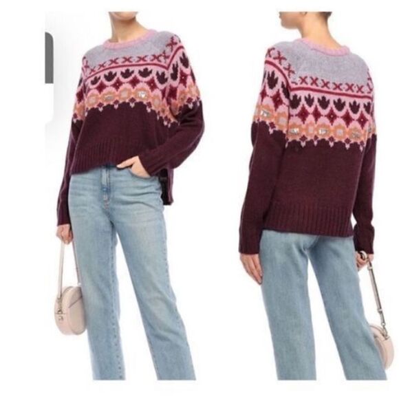 Cinq A Sept Women’s Size XS Sweater Purple Gianni Fair Isle Sequin Wool Y2K - Picture 5 of 15